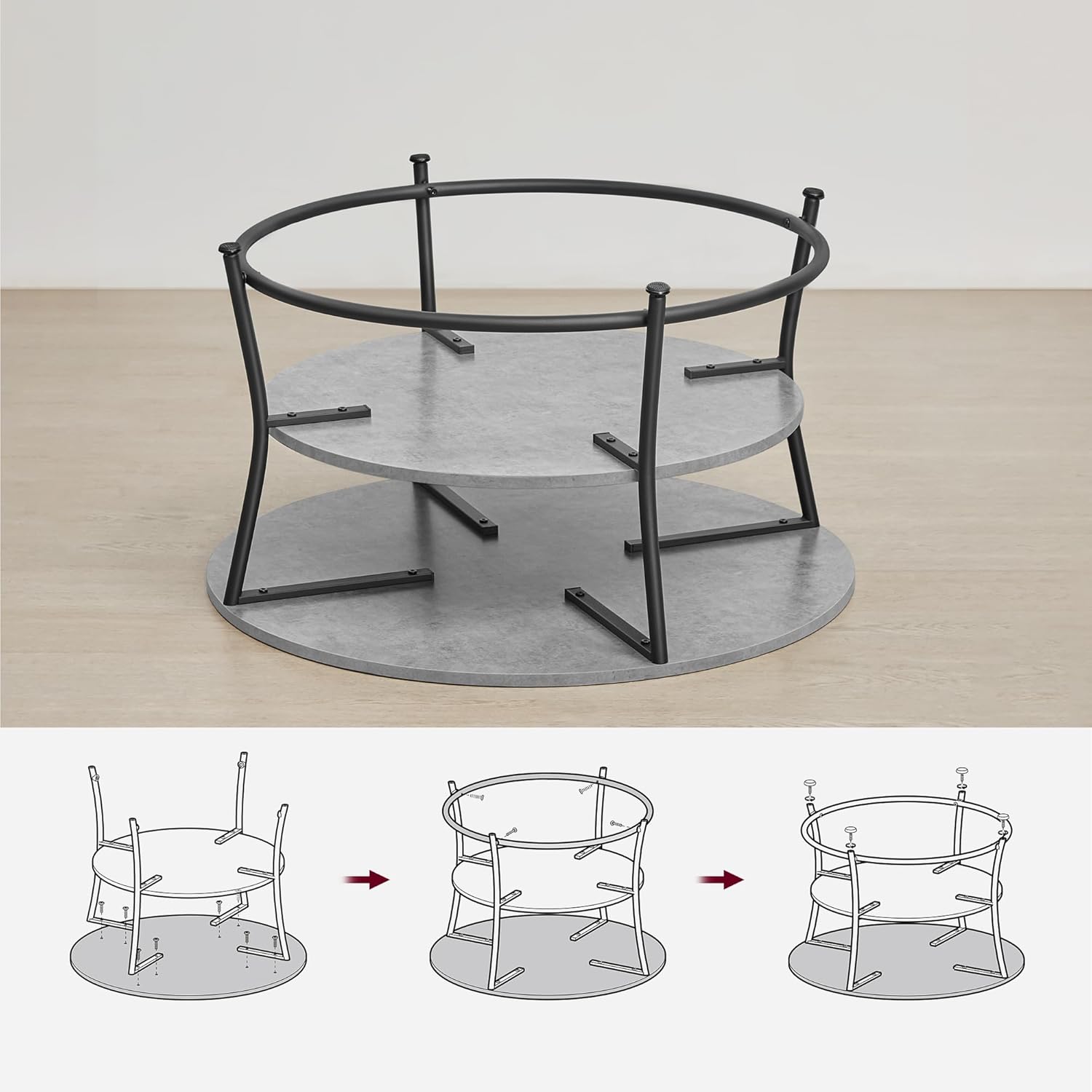 Salontafel rond - diameter 80 cm - tafel voor woonkamer - zwart met grijs - 2 niveaus - LCT080G78 - Afbeelding 5