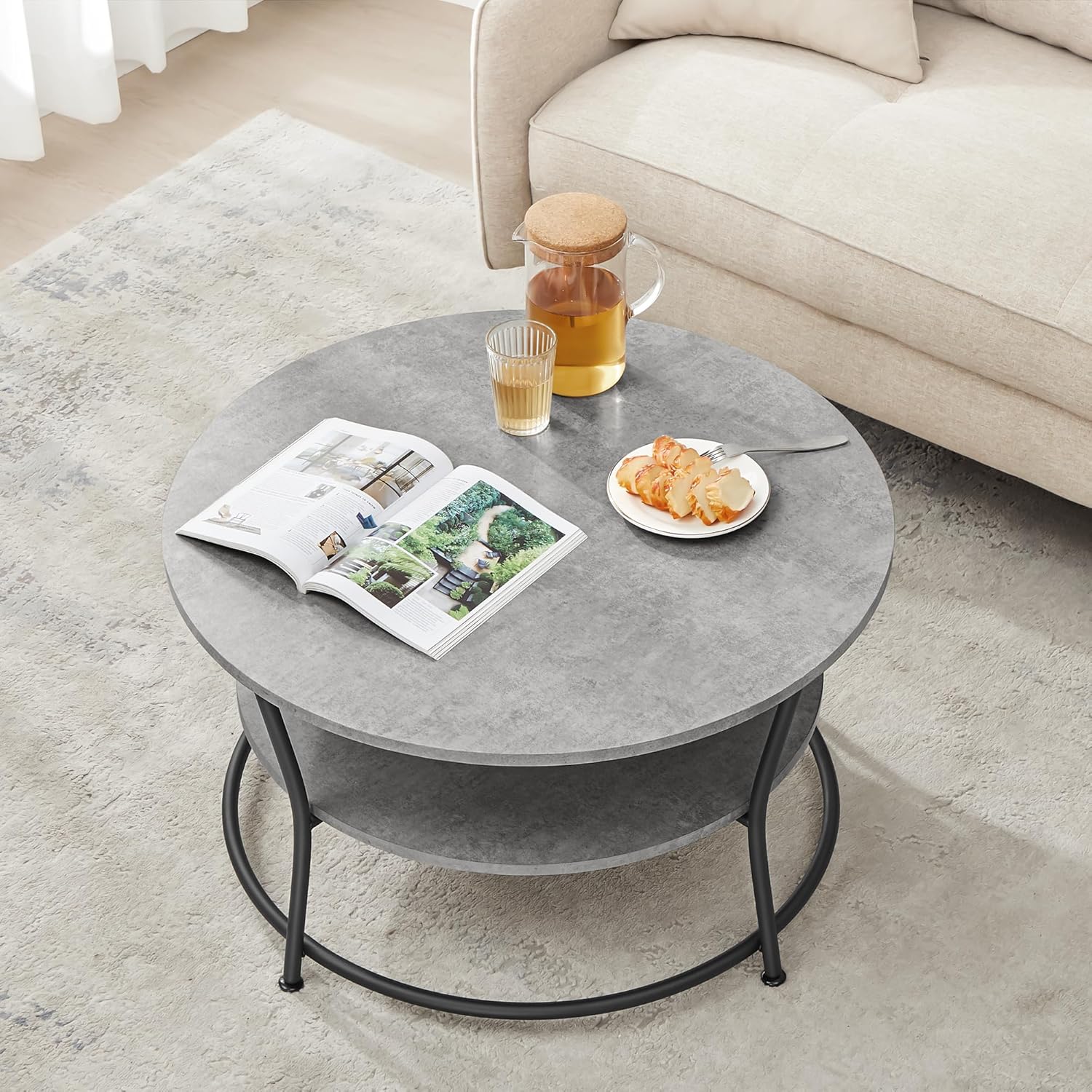 Salontafel rond - diameter 80 cm - tafel voor woonkamer - zwart met grijs - 2 niveaus - LCT080G78 - Afbeelding 6