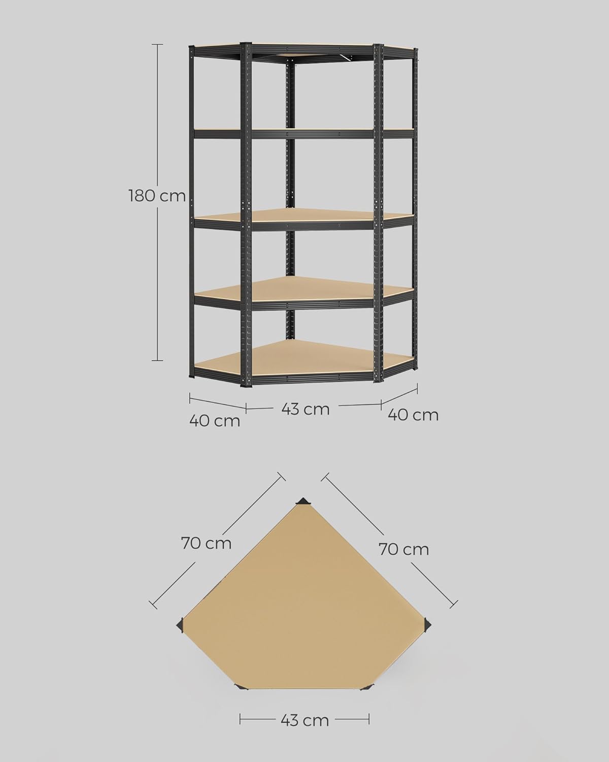 Hoekstelling - opbergrek en stellingkast - metaal met MDF legplanken - 180 x 40 x 40 cm - zwart - GLR080B01 - Afbeelding 3