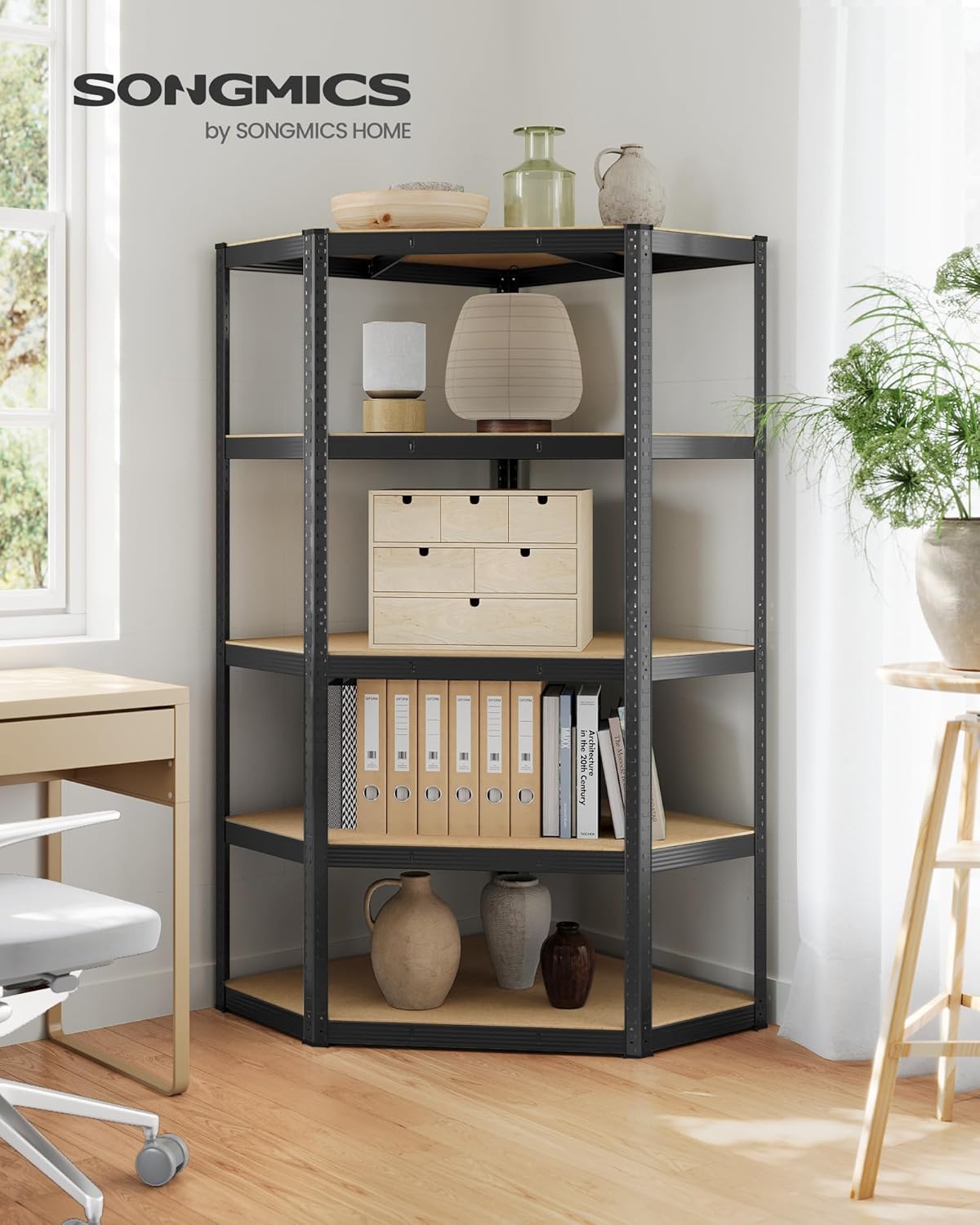 Hoekstelling - opbergrek en stellingkast - metaal met MDF legplanken - 180 x 40 x 40 cm - zwart - GLR080B01 - Afbeelding 6