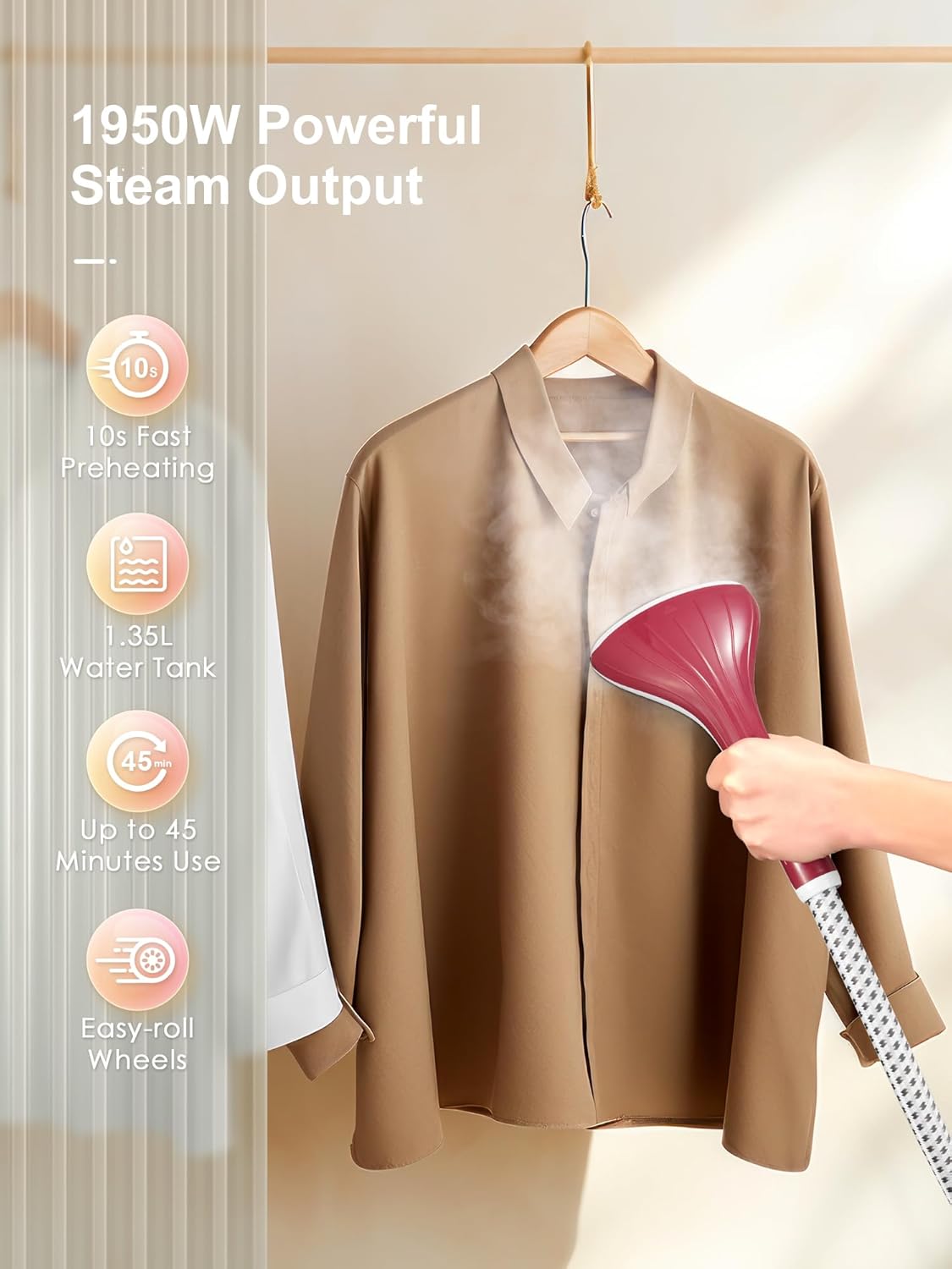 Verticale stoomreiniger - stoomapparaat - 1950 W - constante stoom - 11 stoomfuncties - 1,35 liter waterreservoir - in 10 seconden snel voorverwarmen - verticale stoomkoker - Afbeelding 4