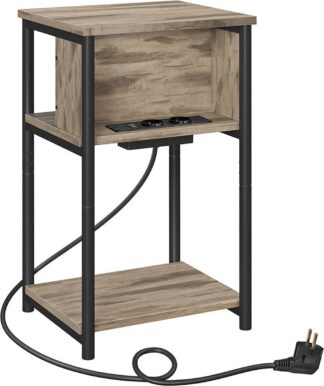 Bijzettafel / nachtkastje met stopcontact - hoogte 58 cm - hout met metaal - hazelnootbruin-zwart - 30cm x 34cm x 58cm