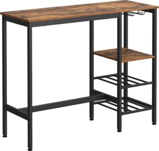 Bartafel - statafel - 110 x 40 x 90 cm - met houders voor wijnglazen en flessen - keukentafel - industrieel design - vintage bruin-zwart - LBT013B01