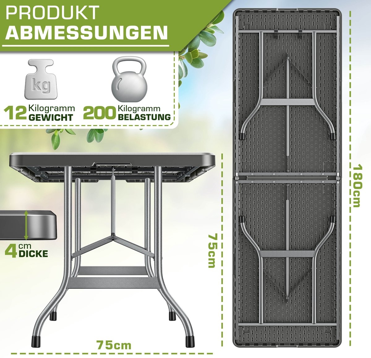 Tuintafel - grijs - 180x75 cm - inklapbaar - kunststof met metaal - Afbeelding 10