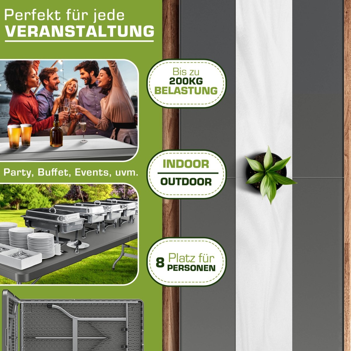 Tuintafel - grijs - 180x75 cm - inklapbaar - kunststof met metaal - Afbeelding 4