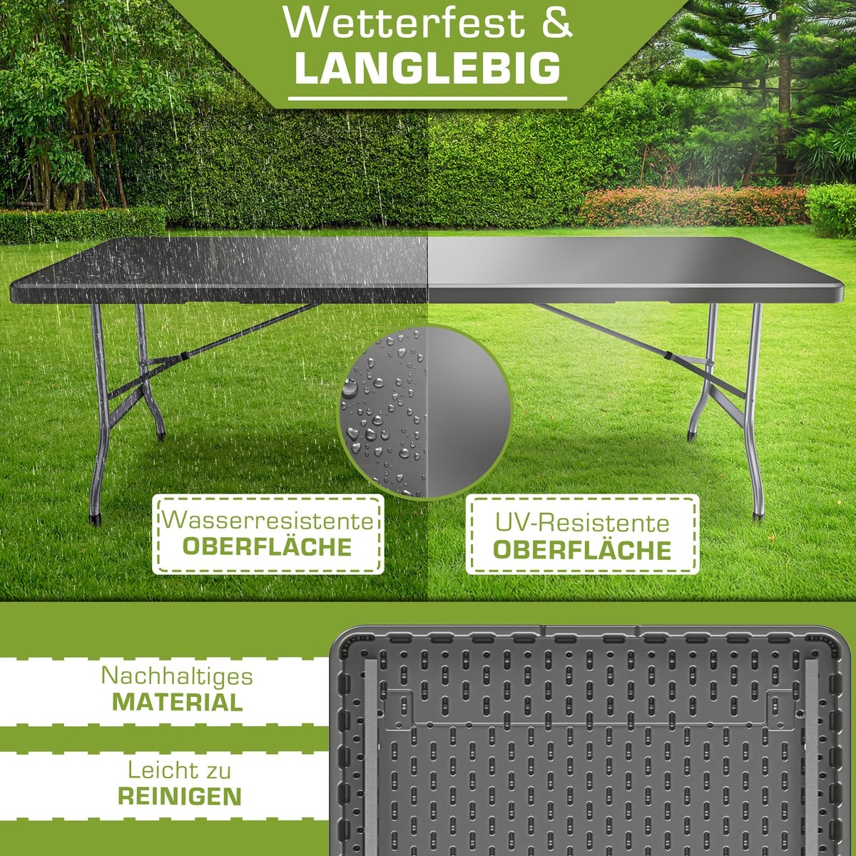 Tuintafel - grijs - 180x75 cm - inklapbaar - kunststof met metaal - Afbeelding 2