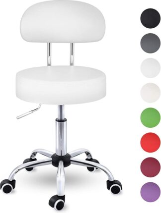 Rolkruk met leuning wit - draaistoel visagiekruk  - Werkkruk in hoogte verstelbaar 47-60 cm - Draaikruk met wieltjes - bureaustoel kruk - wit