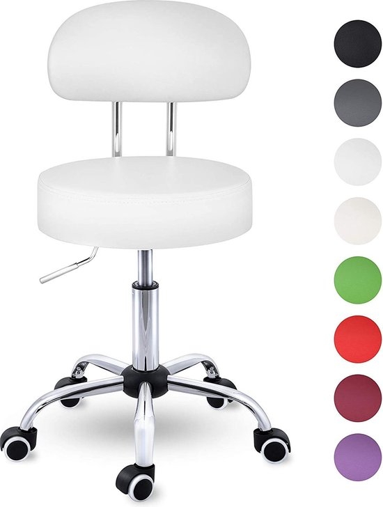 Rolkruk met leuning wit - draaistoel visagiekruk - Werkkruk in hoogte verstelbaar 47-60 cm - Draaikruk met wieltjes - bureaustoel kruk - wit - Afbeelding 2