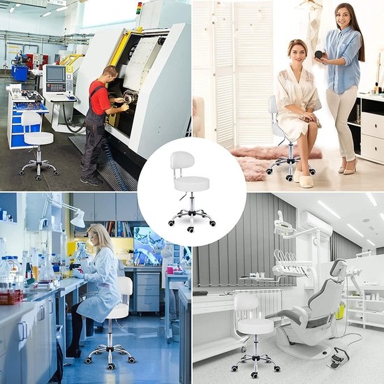 Rolkruk met leuning wit - draaistoel visagiekruk - Werkkruk in hoogte verstelbaar 47-60 cm - Draaikruk met wieltjes - bureaustoel kruk - wit - Afbeelding 3