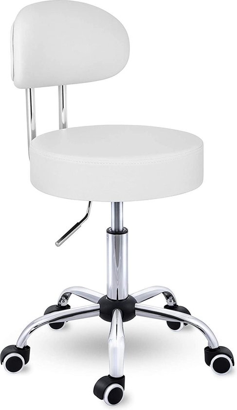 Rolkruk met leuning wit - draaistoel visagiekruk - Werkkruk in hoogte verstelbaar 47-60 cm - Draaikruk met wieltjes - bureaustoel kruk - wit - Afbeelding 4