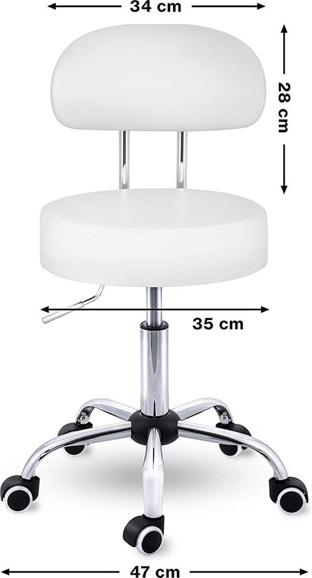 Rolkruk met leuning wit - draaistoel visagiekruk - Werkkruk in hoogte verstelbaar 47-60 cm - Draaikruk met wieltjes - bureaustoel kruk - wit - Afbeelding 5