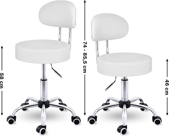 Rolkruk met leuning wit - draaistoel visagiekruk - Werkkruk in hoogte verstelbaar 47-60 cm - Draaikruk met wieltjes - bureaustoel kruk - wit - Afbeelding 6