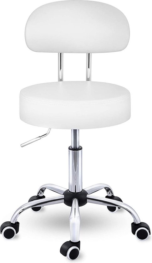 Rolkruk met leuning wit - draaistoel visagiekruk - Werkkruk in hoogte verstelbaar 47-60 cm - Draaikruk met wieltjes - bureaustoel kruk - wit - Afbeelding 7