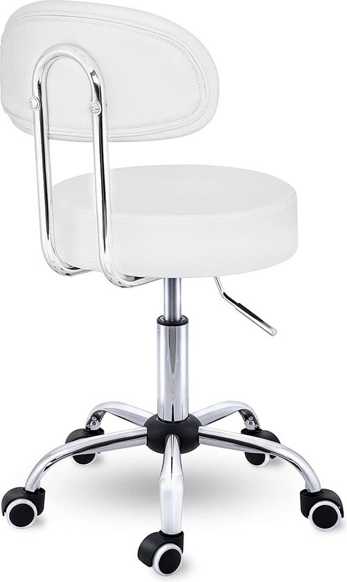 Rolkruk met leuning wit - draaistoel visagiekruk - Werkkruk in hoogte verstelbaar 47-60 cm - Draaikruk met wieltjes - bureaustoel kruk - wit - Afbeelding 8