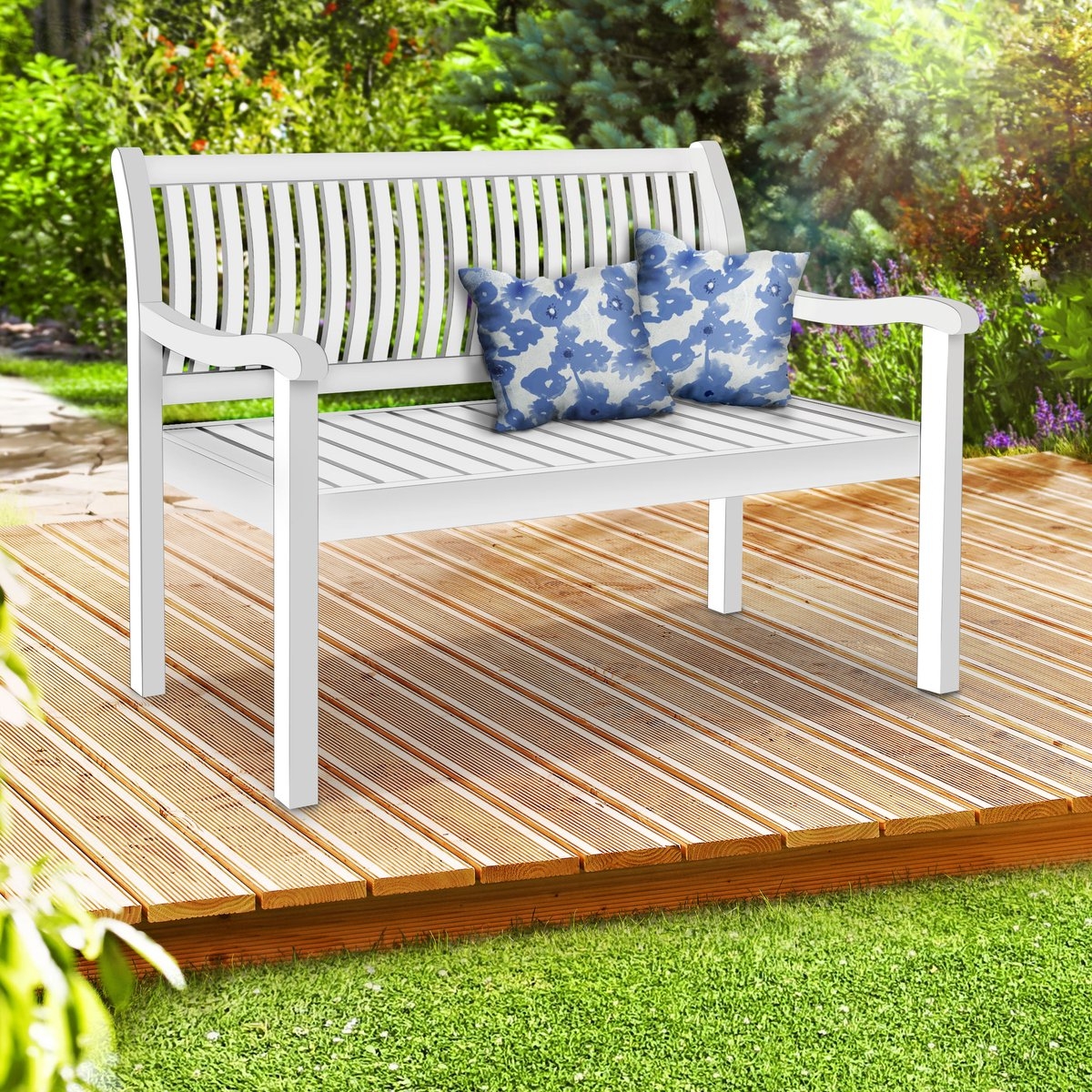 Houten Tuinbank - weerbestendig 125 cm - met hoes - massief houten parkbank - balkonbank voor 2-3 Personen - draagvermogen van 320 kg - wit - Afbeelding 2