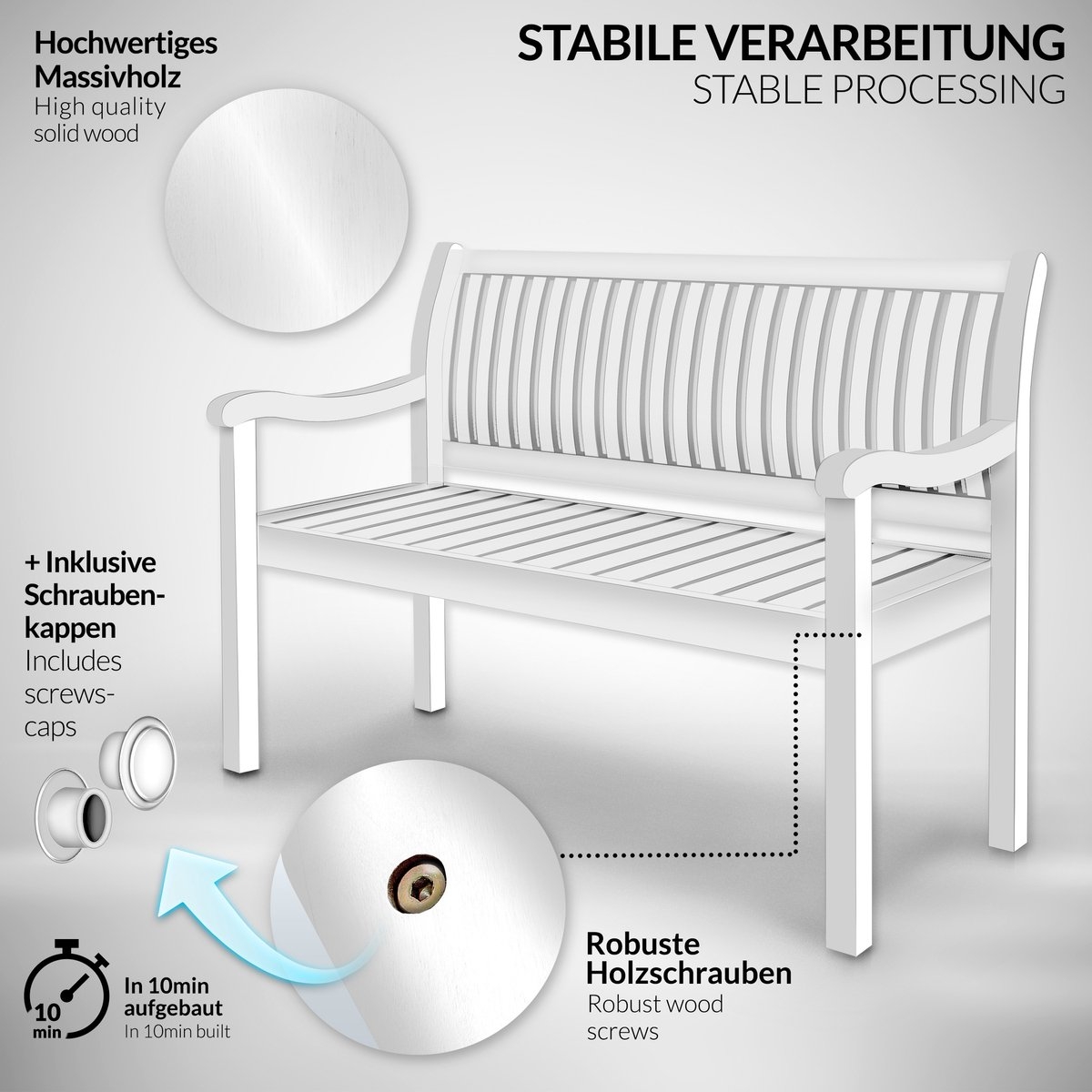 Houten Tuinbank - weerbestendig 125 cm - met hoes - massief houten parkbank - balkonbank voor 2-3 Personen - draagvermogen van 320 kg - wit - Afbeelding 5