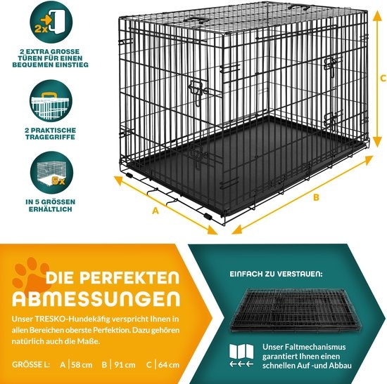 Hondenkooi - hondenbench - 91 x 58 x 64 cm - opvouwbaar - 2 deuren - transportkooi auto - hondenbox met bodemschaal - metaal - zwart - Afbeelding 4
