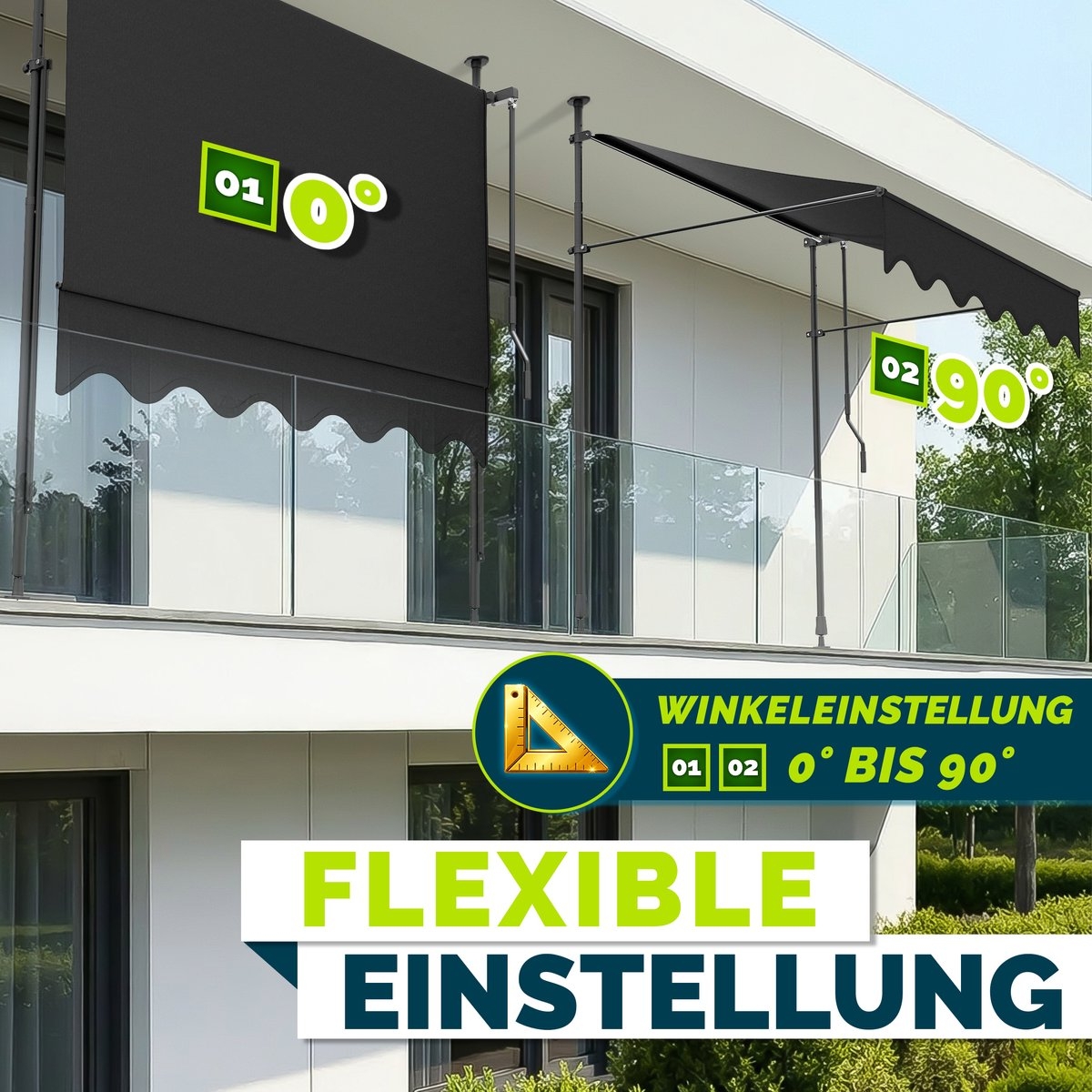 Klemluifel - zonnescherm balkon - breedte 400 cm - grijs - met handslinger - voor balkon, balkonluifel - zonder boren - luifel uv-bestendig en in hoogte verstelbaar - zonwering - waterdicht - Afbeelding 2