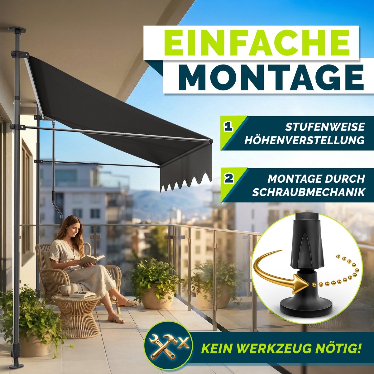 Klemluifel - zonnescherm balkon - breedte 400 cm - grijs - met handslinger - voor balkon, balkonluifel - zonder boren - luifel uv-bestendig en in hoogte verstelbaar - zonwering - waterdicht - Afbeelding 4