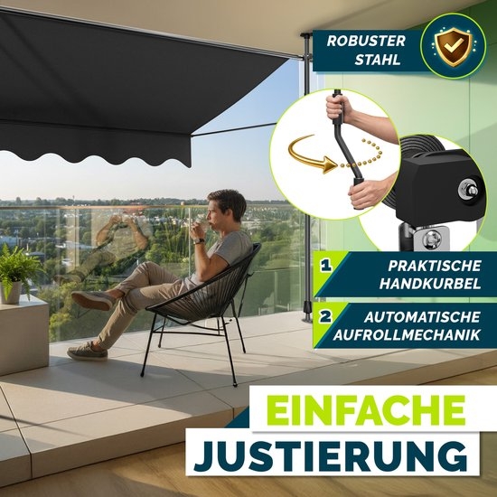 Klemluifel - zonnescherm balkon - breedte 400 cm - grijs - met handslinger - voor balkon, balkonluifel - zonder boren - luifel uv-bestendig en in hoogte verstelbaar - zonwering - waterdicht - Afbeelding 5