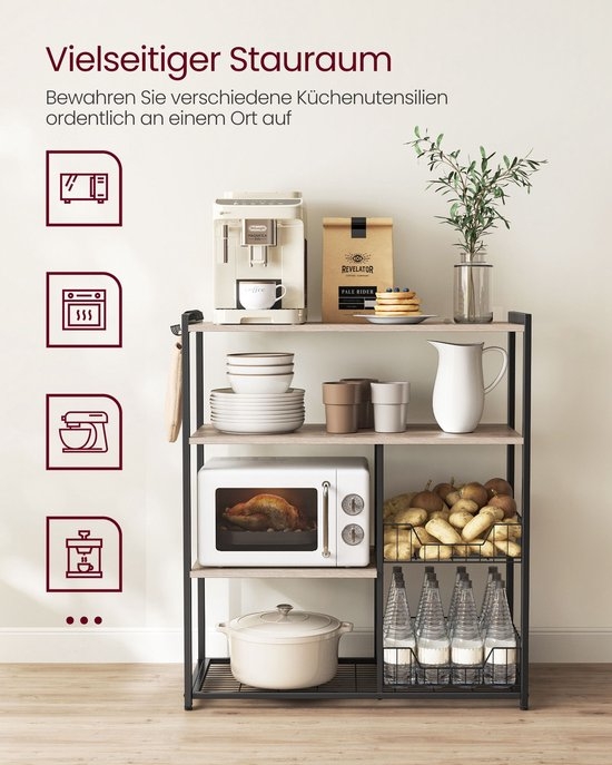 Vasagle - Keukenrek met 2 metalen manden - magnetronrek - met haken en planken - 35 x 80 x 95 cm - industrieel design - vintage, grijszwart - KKS096B02 - Afbeelding 3