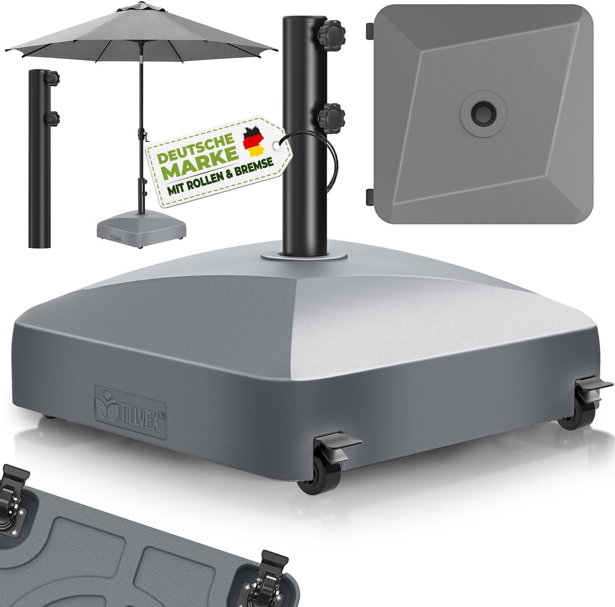 Parasolvoet GRAVIA met en remmen - Parasolstandaard vulbaar 37L / 56kg - voor stokparasol / marktparasol Ø 1,8-3,7m - weerbestendig en UV-bestendig - antraciet