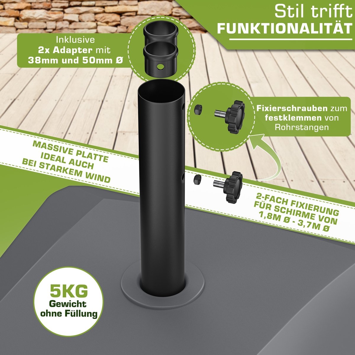 Parasolvoet GRAVIA met en remmen - Parasolstandaard vulbaar 37L / 56kg - voor stokparasol / marktparasol Ø 1,8-3,7m - weerbestendig en UV-bestendig - antraciet - Afbeelding 7
