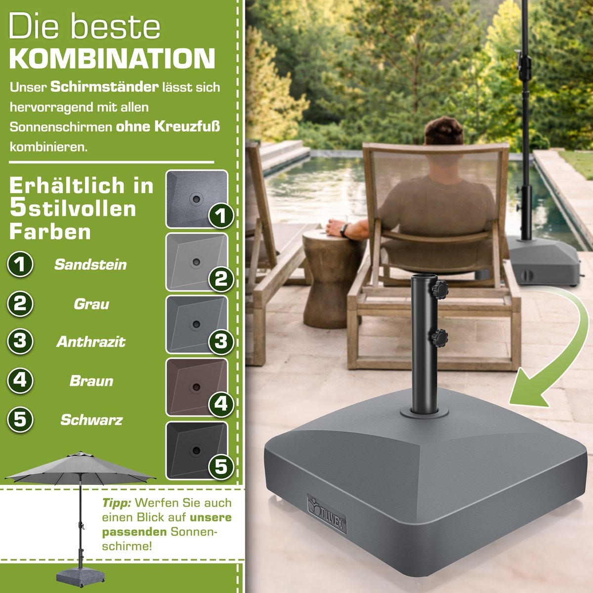 Parasolvoet GRAVIA met en remmen - Parasolstandaard vulbaar 37L / 56kg - voor stokparasol / marktparasol Ø 1,8-3,7m - weerbestendig en UV-bestendig - antraciet - Afbeelding 8