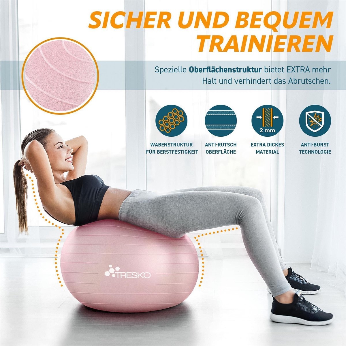 Anti-burst gymnastiekbal - fitnessball - yogaball - 75 cm - zitbal max 300 kg - met luchtpomp - geschikt voor een lengte van 175 tot 185 cm - rose goud - Afbeelding 3
