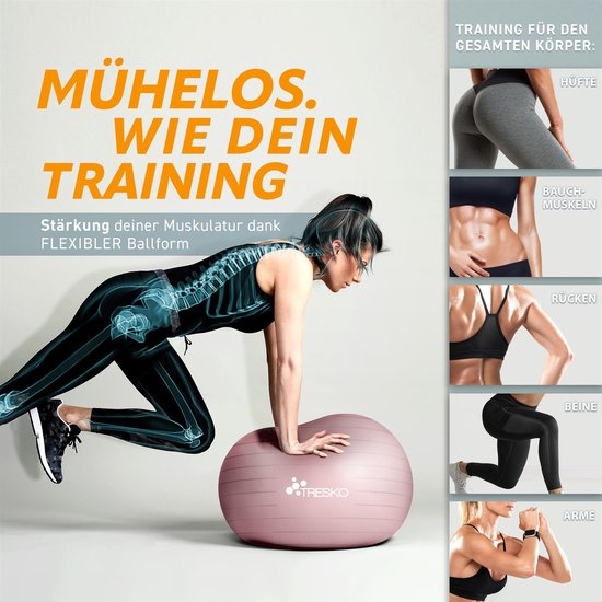 Anti-burst gymnastiekbal - fitnessball - yogaball - 75 cm - zitbal max 300 kg - met luchtpomp - geschikt voor een lengte van 175 tot 185 cm - rose goud - Afbeelding 5