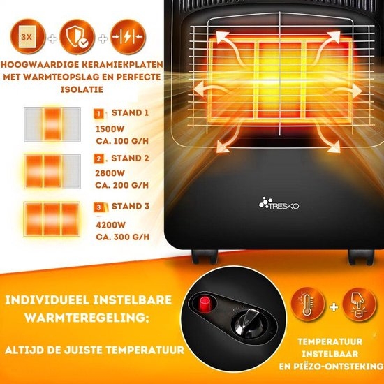 Gaskachel - max 4200 watt - incl. gasdrukregelaar en gasslang - 3 niveaus - voor butaan- of propaangasflessen tot 15 kg - Afbeelding 7