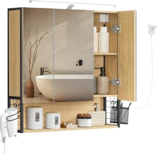 Badkamerkast - houtkleurige spiegelkast - 70x70 cm - met lamp - met plank onder de kast - BBK124Y01