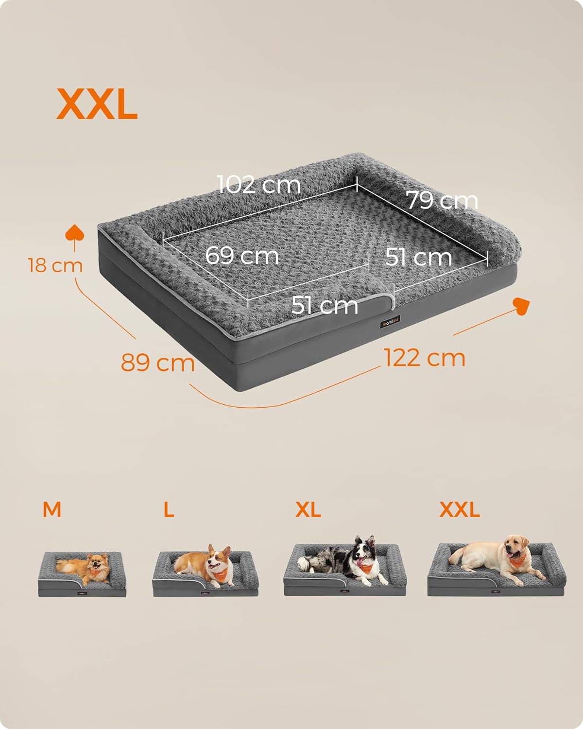 Ergonmisch hondenbed - XXL 122 x 89 x 18 cm - waterdicht - met afneembare hoes - zacht - PGW254G02 - Afbeelding 4