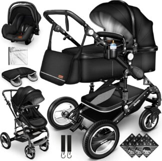 KIDUKU- 3 in 1 combi-kinderwagen- buggy - met autostoeltje - met regenhoes en meer accessoires - opvouwbaar - zwart