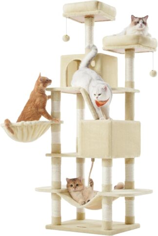 Grote krabpaal - kattenboom - voor katten - hoogte 168 cm hoog - met 13 krabpalen, 2 platforms, 2 grotten, mand, hangmat, pluche ballen - beige - PCT165M01
