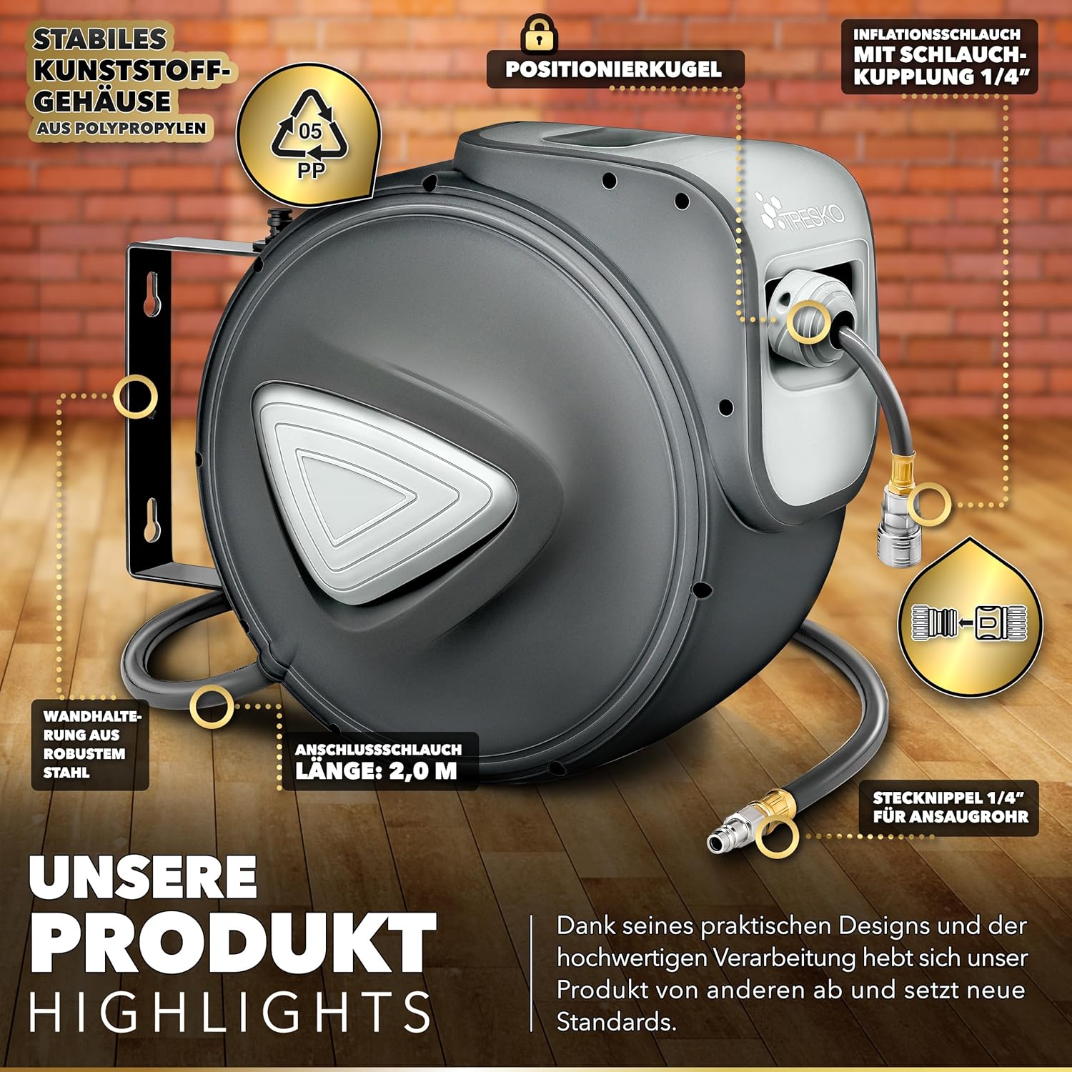 Tresko - persluchtslang met haspel - 30 meter - draaibaar - max 18 bar - grijs - Afbeelding 3