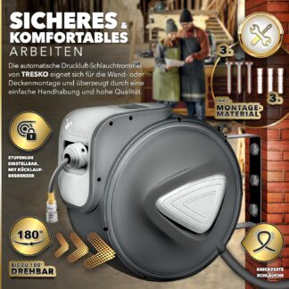 Tresko - persluchtslang met haspel - 30 meter - draaibaar - max 18 bar - grijs