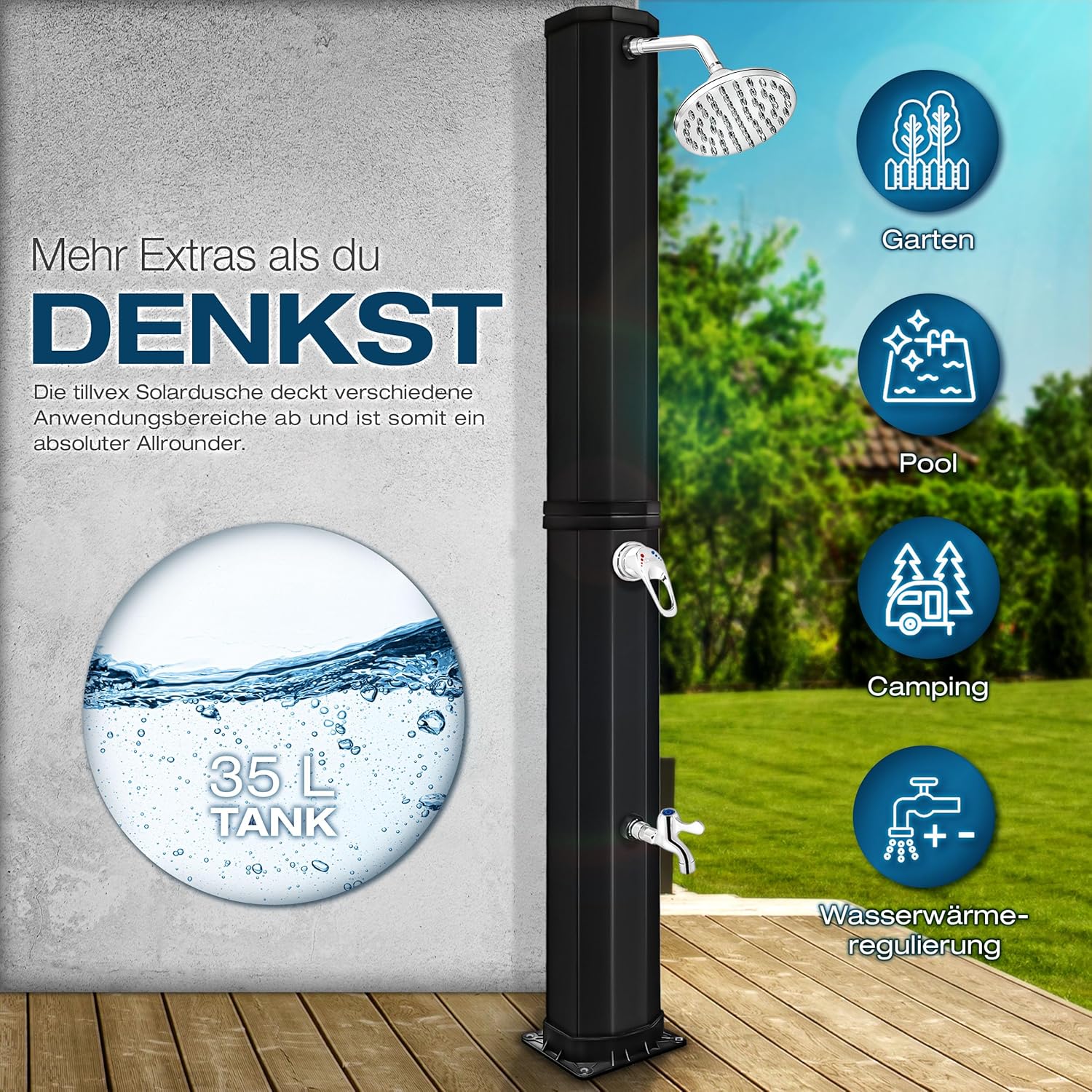 Buitendouche - Tuindouche - solar zonneenergie - 35 liter - zwart - Tillvex - Afbeelding 3