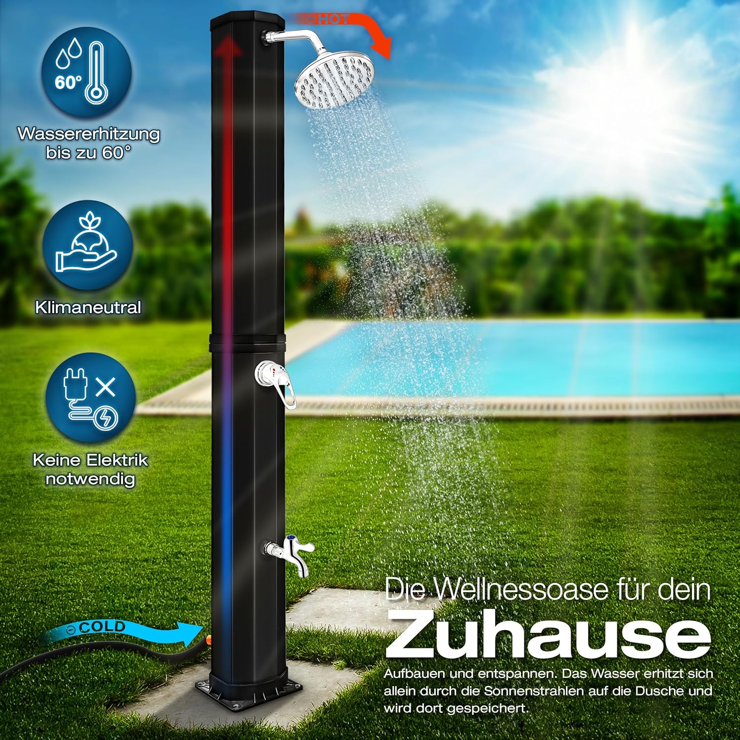 Buitendouche - Tuindouche - solar zonneenergie - 35 liter - zwart - Tillvex - Afbeelding 2