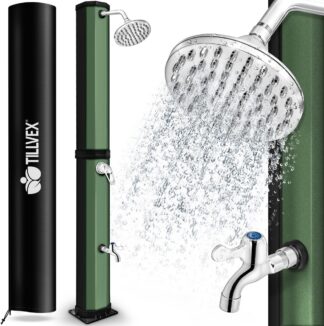 Tuindouche - 35 liter - met beschermhoes - solar douche - zonne energie - zonder stroomaansluiting - met kraan en regendouchekop - Tuinslangaansluiting