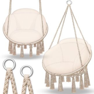 Hangstoel 150 kg met 2 stalen ringen - voor tuin en buiten - weerbestendig - schommelmand met kussen - beige