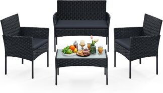 Tuinmeubelset - tuinset - loungeset - 4 zitplaatsen - 1x tuinbank 2x tuinstoel en 1x tafel - PE-gevlochten - voor terras, balkon - zwart en grijs