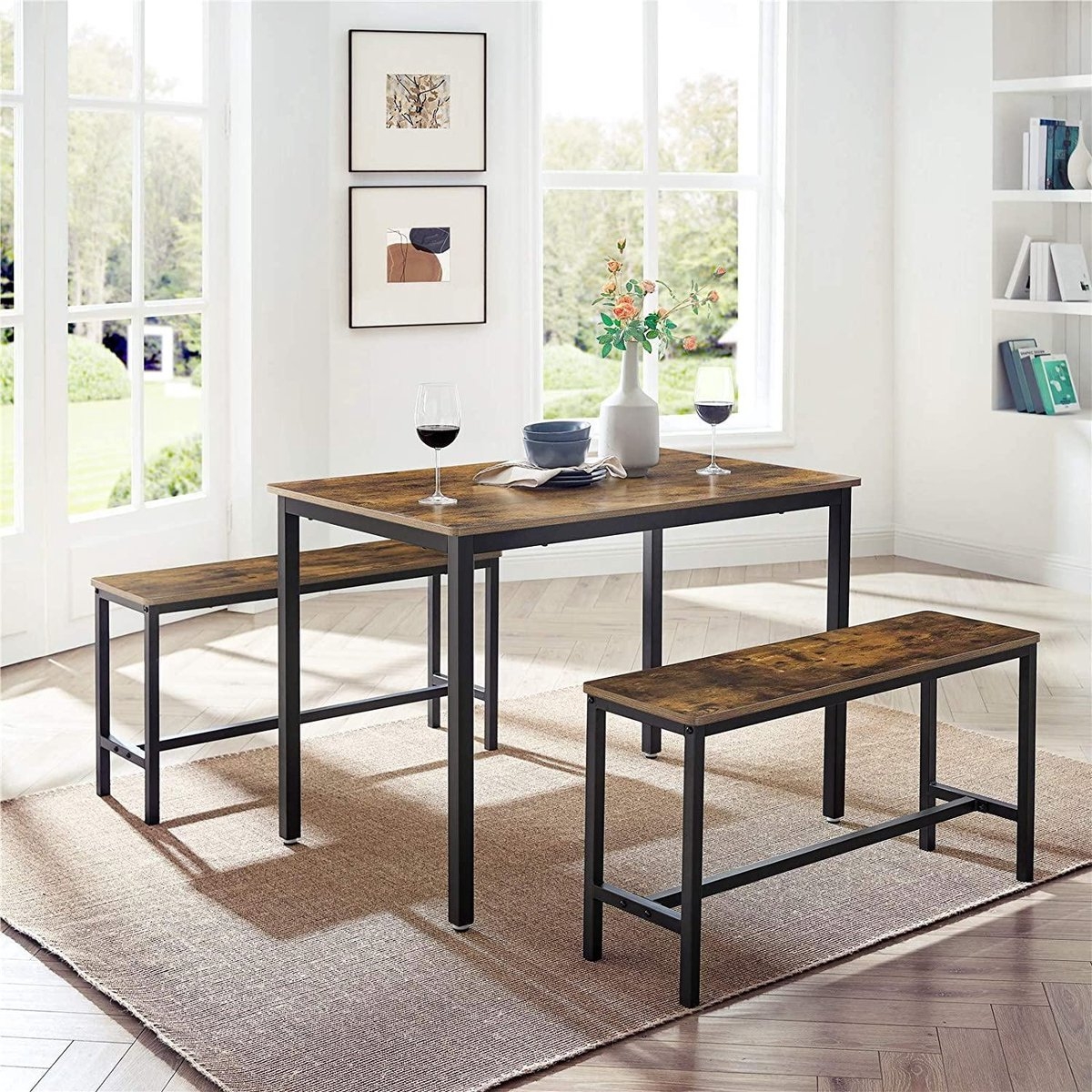 Eettafel met zitbanken - 110 x 70 x 75 cm - keuken eethoek - maat bank 97 x 30 x 50 cm - vintage bruin-zwart - KDT070B01