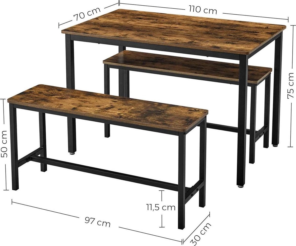 Eettafel met zitbanken - 110 x 70 x 75 cm - keuken eethoek - maat bank 97 x 30 x 50 cm - vintage bruin-zwart - KDT070B01 - Afbeelding 2