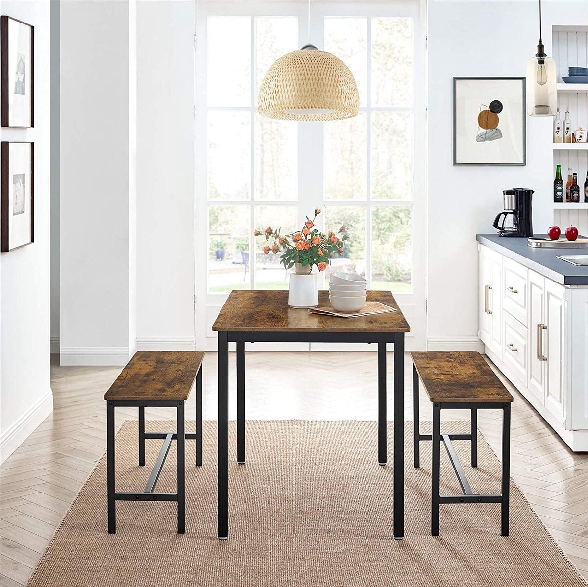 Eettafel met zitbanken - 110 x 70 x 75 cm - keuken eethoek - maat bank 97 x 30 x 50 cm - vintage bruin-zwart - KDT070B01 - Afbeelding 4