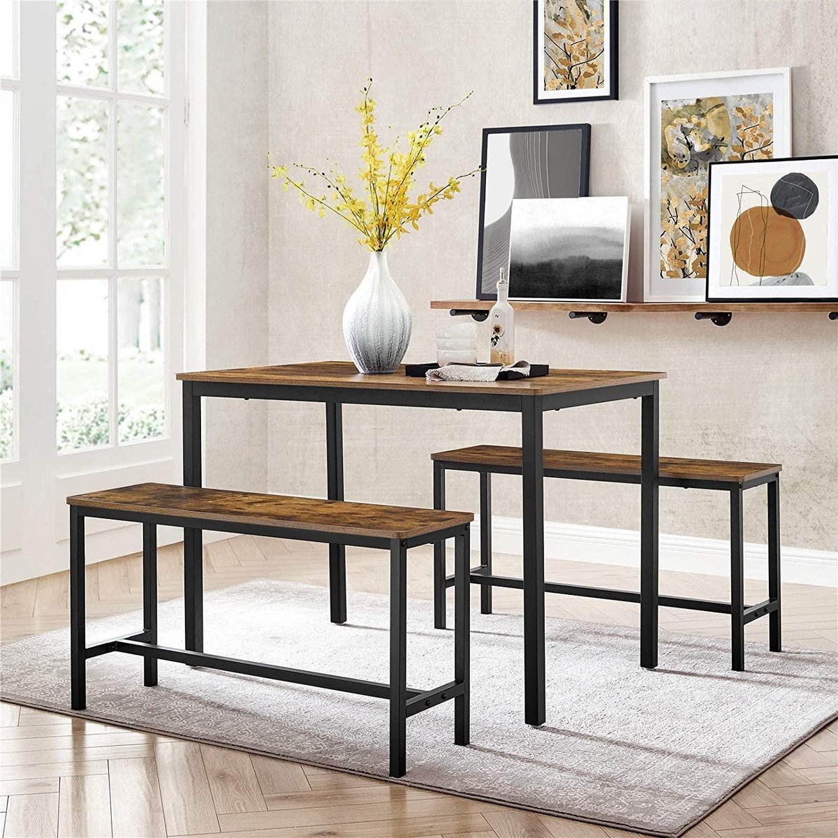 Eettafel met zitbanken - 110 x 70 x 75 cm - keuken eethoek - maat bank 97 x 30 x 50 cm - vintage bruin-zwart - KDT070B01 - Afbeelding 5