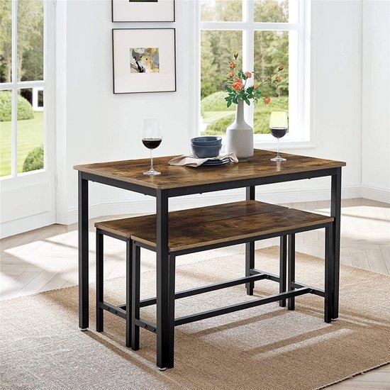 Eettafel met zitbanken - 110 x 70 x 75 cm - keuken eethoek - maat bank 97 x 30 x 50 cm - vintage bruin-zwart - KDT070B01 - Afbeelding 6