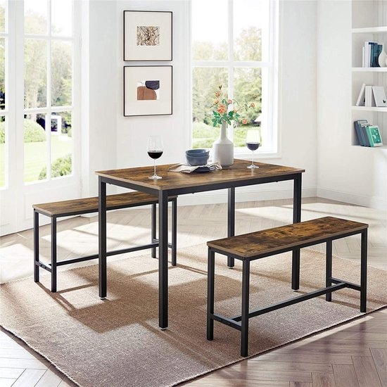 Eettafel met zitbanken - 110 x 70 x 75 cm - keuken eethoek - maat bank 97 x 30 x 50 cm - vintage bruin-zwart - KDT070B01 - Afbeelding 9