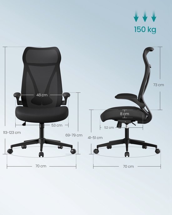 Bureaustoel Ergonomisch - Verstelbare Hoogte - Opklapbare Armleuningen - Met Hoofdsteun - Belastbaar tot 150 kg - OBN088BH0 - Afbeelding 6