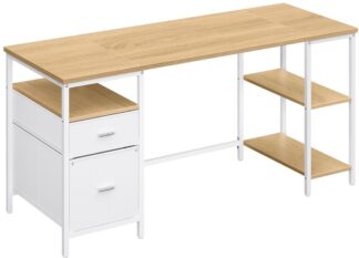 Computerbureau - 3 planken en 2 lades - Natuurlijke eikenkleur en wolkwit – 160 x 60 x 76 cm - LWD105YD0